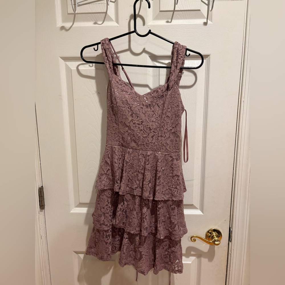 Macy's Mauve Lace Tiered Mini Dress